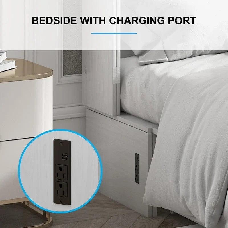Lit escamotable Cabinet Murphy avec tiroir et station de recharge – Gris foncé / Cerisier / Blanc, Grand Lit, 2 couchages