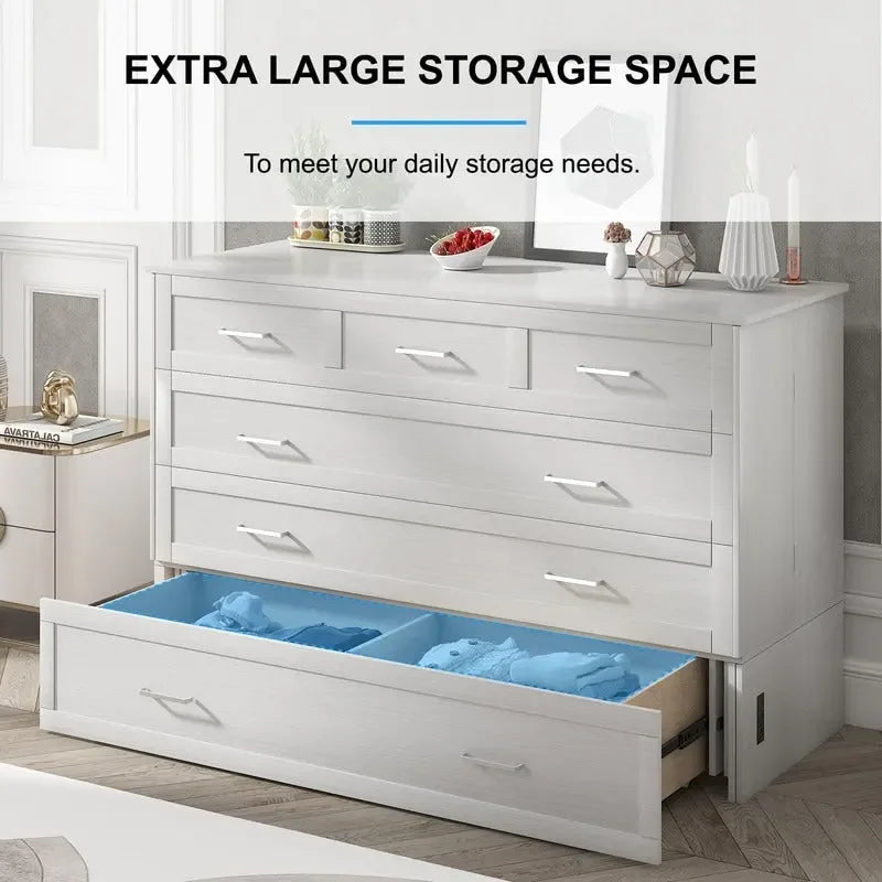Lit escamotable Cabinet Murphy avec tiroir et station de recharge – Gris foncé / Cerisier / Blanc, Grand Lit, 2 couchages
