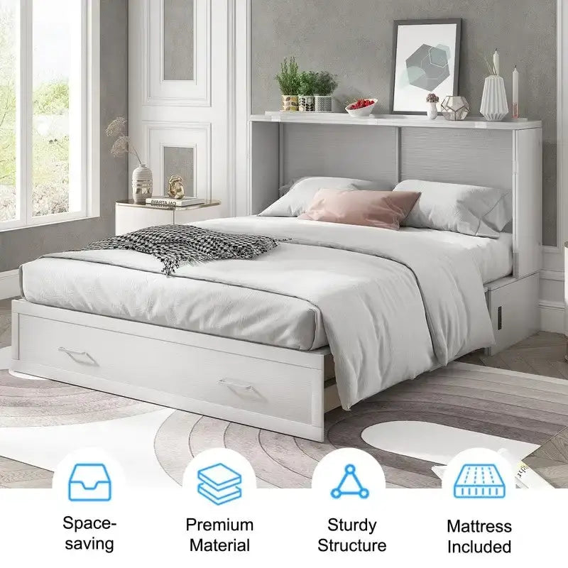 Lit escamotable Cabinet Murphy avec tiroir et station de recharge – Gris foncé / Cerisier / Blanc, Grand Lit, 2 couchages
