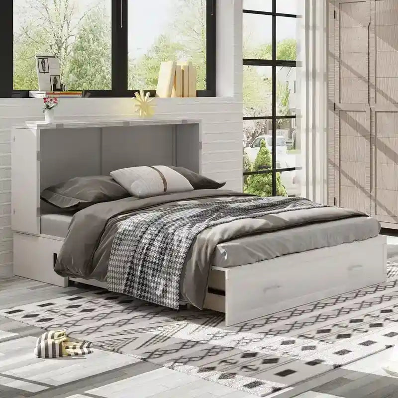 Lit escamotable Cabinet Murphy avec tiroir et station de recharge – Gris foncé / Cerisier / Blanc, Grand Lit, 2 couchages