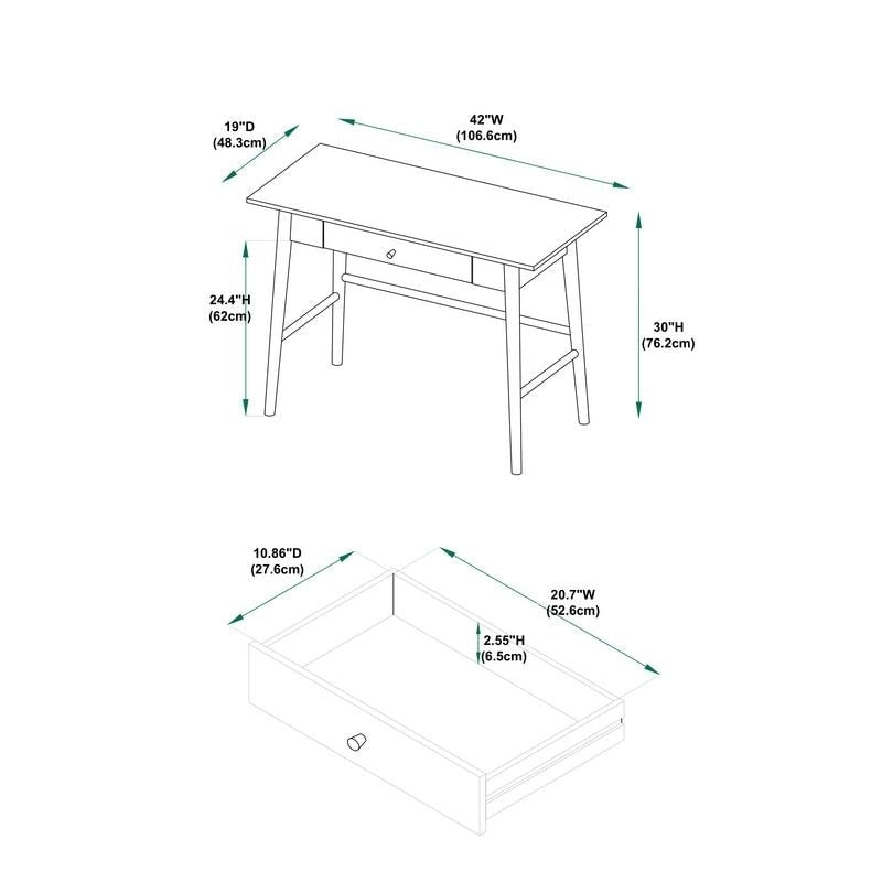 Bureau d'écriture moderne du milieu du siècle avec tiroir – Marron / Blanc, pieds inclinés, 1 personne