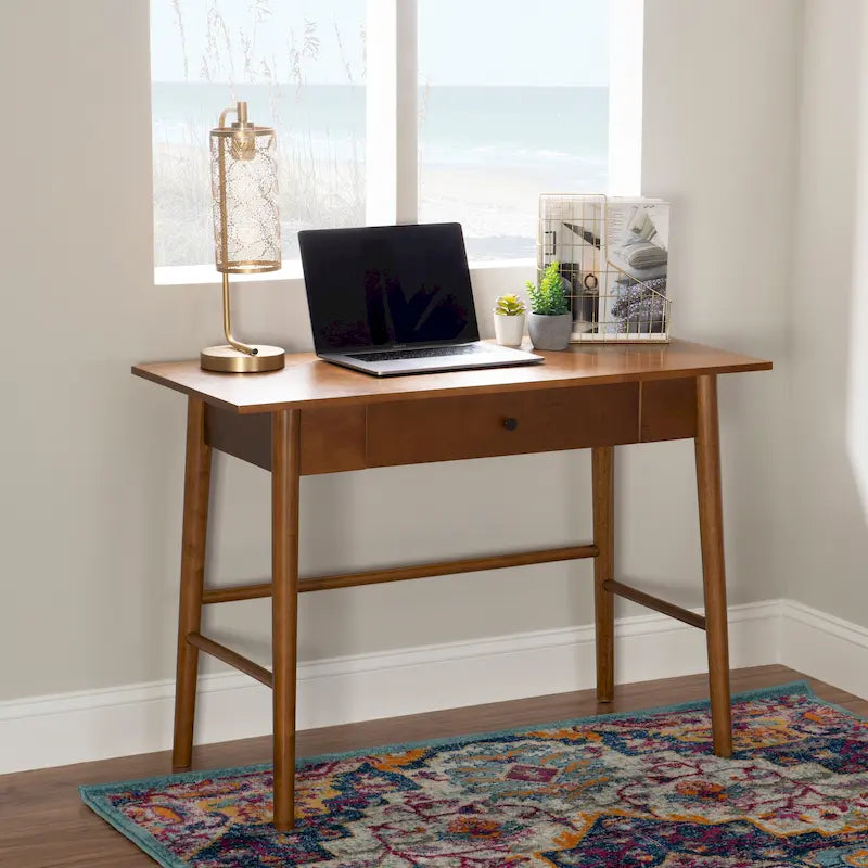 Bureau d'écriture moderne du milieu du siècle avec tiroir – Marron / Blanc, pieds inclinés, 1 personne