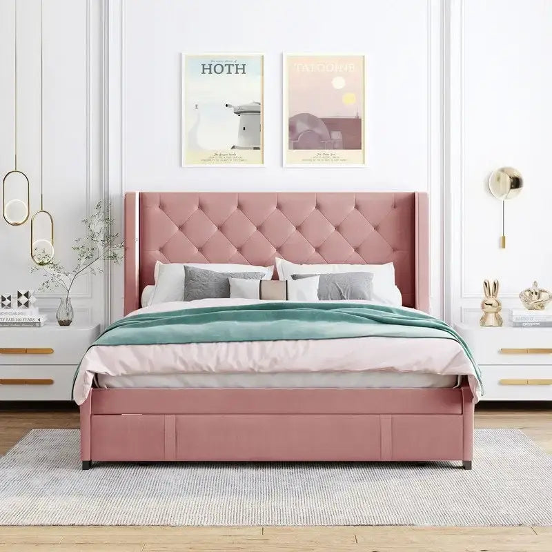 Lit plateforme à oreilles en velours avec tiroir de rangement – Bleu / Beige / Gris / Rose, grand lit, pour 2 personnes
