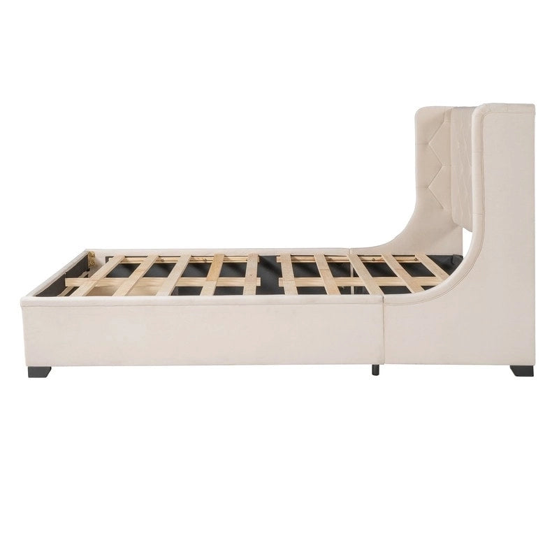 Lit plateforme à oreilles en velours avec tiroir de rangement – Bleu / Beige / Gris / Rose, grand lit, pour 2 personnes