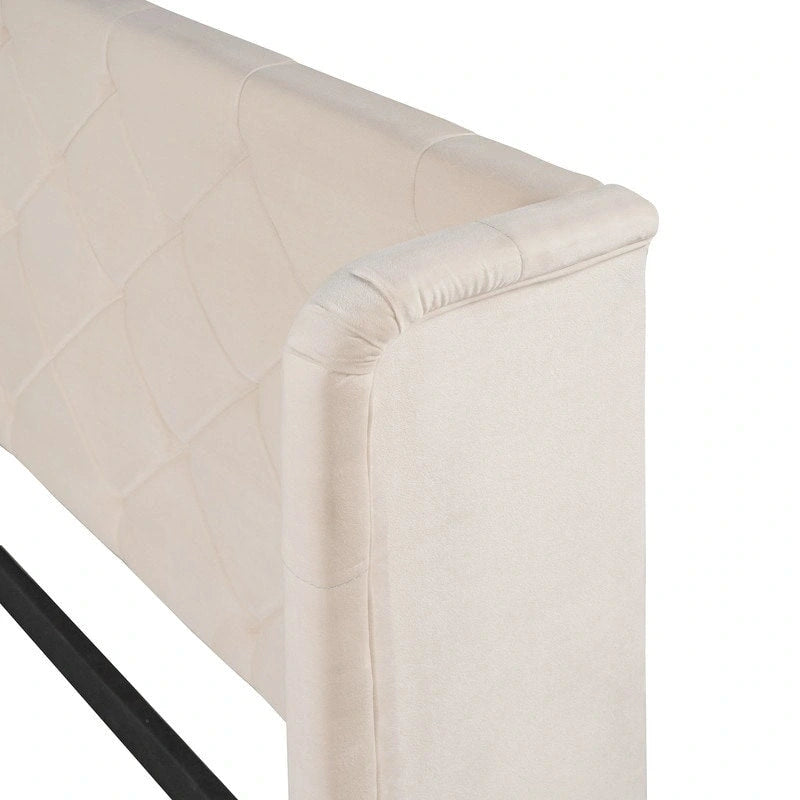 Lit plateforme à oreilles en velours avec tiroir de rangement – Bleu / Beige / Gris / Rose, grand lit, pour 2 personnes