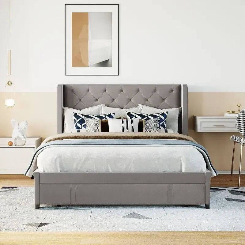 Lit plateforme à oreilles en velours avec tiroir de rangement – Bleu / Beige / Gris / Rose, grand lit, pour 2 personnes
