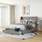 Lit plateforme à oreilles en velours avec tiroir de rangement – Bleu / Beige / Gris / Rose, grand lit, pour 2 personnes