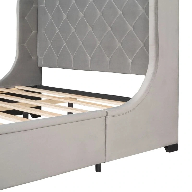 Lit plateforme à oreilles en velours avec tiroir de rangement – Bleu / Beige / Gris / Rose, grand lit, pour 2 personnes
