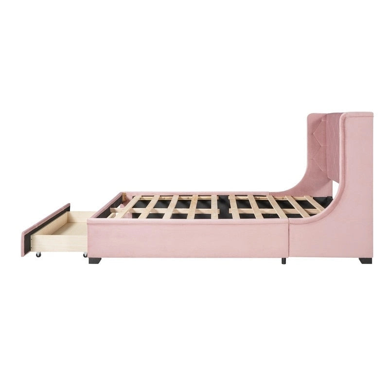 Lit plateforme à oreilles en velours avec tiroir de rangement – Bleu / Beige / Gris / Rose, grand lit, pour 2 personnes