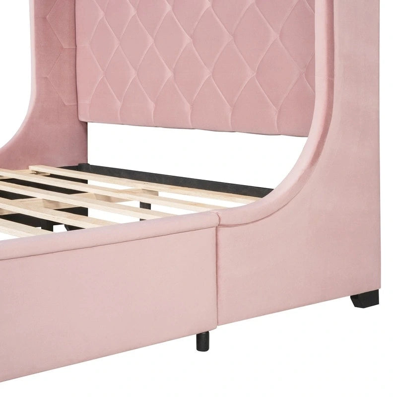 Lit plateforme à oreilles en velours avec tiroir de rangement – Bleu / Beige / Gris / Rose, grand lit, pour 2 personnes
