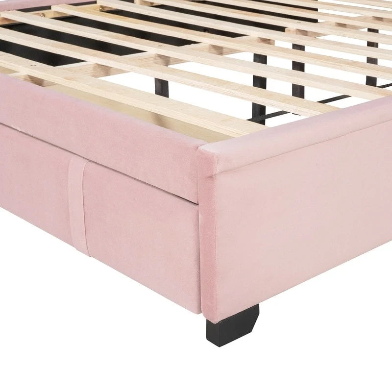 Lit plateforme à oreilles en velours avec tiroir de rangement – Bleu / Beige / Gris / Rose, grand lit, pour 2 personnes