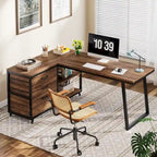 Bureau d'angle en L réversible avec tiroirs de classement – Marron / Gris, 3 tiroirs, 1 personne