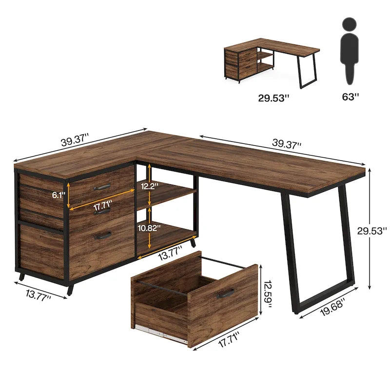 Bureau d'angle en L réversible avec tiroirs de classement – Marron / Gris, 3 tiroirs, 1 personne