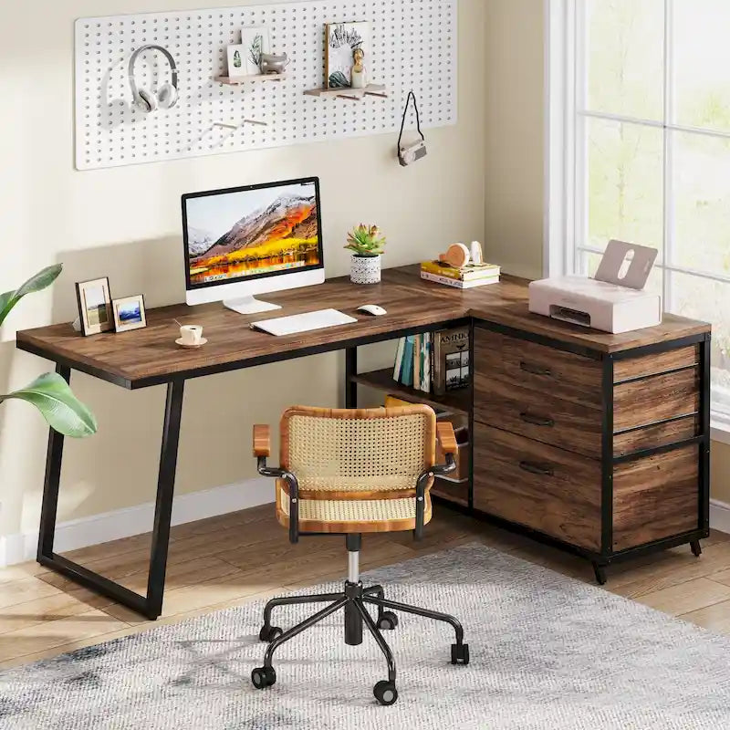 Bureau d'angle en L réversible avec tiroirs de classement – Marron / Gris, 3 tiroirs, 1 personne