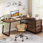 Bureau d'angle en L réversible avec tiroirs de classement – Marron / Gris, 3 tiroirs, 1 personne