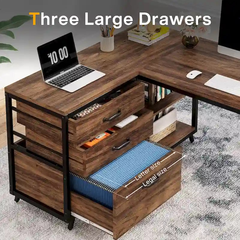 Bureau d'angle en L réversible avec tiroirs de classement – Marron / Gris, 3 tiroirs, 1 personne