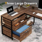 Bureau d'angle en L réversible avec tiroirs de classement – Marron / Gris, 3 tiroirs, 1 personne
