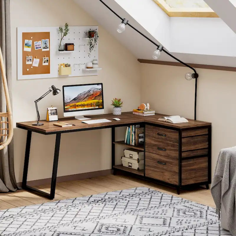 Bureau d'angle en L réversible avec tiroirs de classement – Marron / Gris, 3 tiroirs, 1 personne