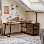 Bureau d'angle en L réversible avec tiroirs de classement – Marron / Gris, 3 tiroirs, 1 personne