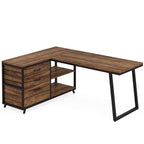 Bureau d'angle en L réversible avec tiroirs de classement – Marron / Gris, 3 tiroirs, 1 personne