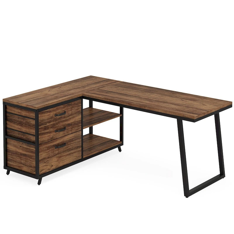 Bureau d'angle en L réversible avec tiroirs de classement – Marron / Gris, 3 tiroirs, 1 personne