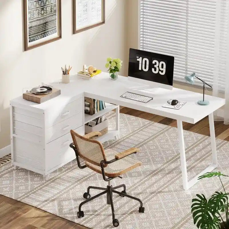 Bureau d'angle en L réversible avec tiroirs de classement – Marron / Gris, 3 tiroirs, 1 personne