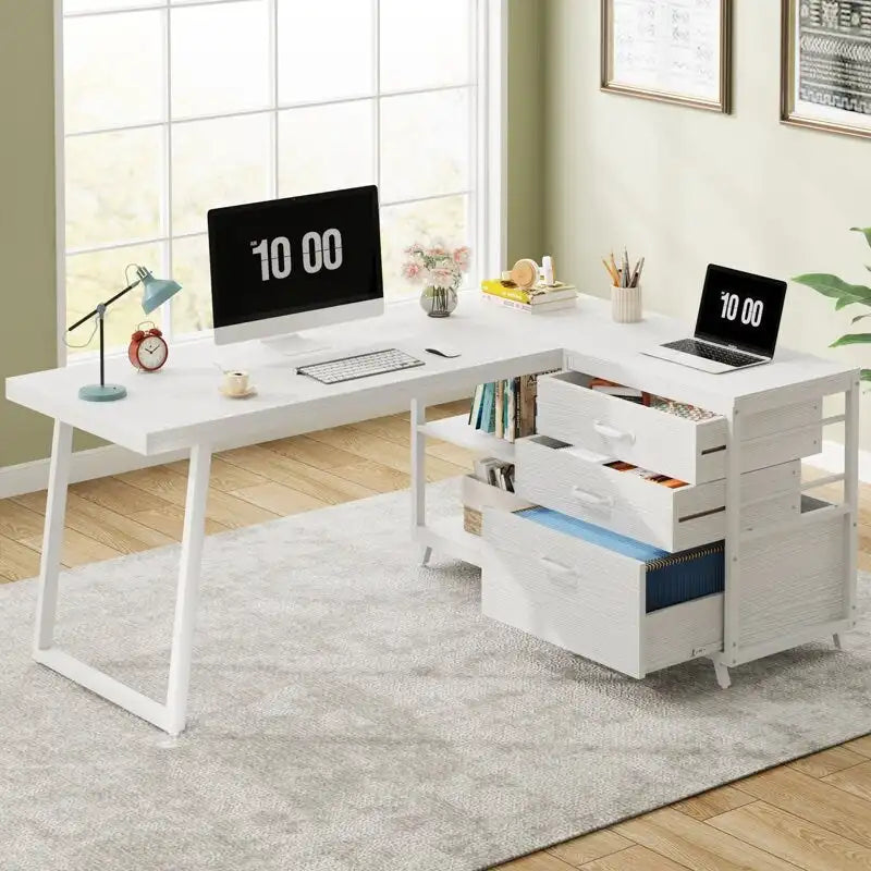 Bureau d'angle en L réversible avec tiroirs de classement – Marron / Gris, 3 tiroirs, 1 personne
