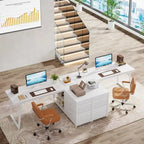 Bureau d'angle en L réversible avec tiroirs de classement – Marron / Gris, 3 tiroirs, 1 personne