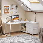 Bureau d'angle en L réversible avec tiroirs de classement – Marron / Gris, 3 tiroirs, 1 personne