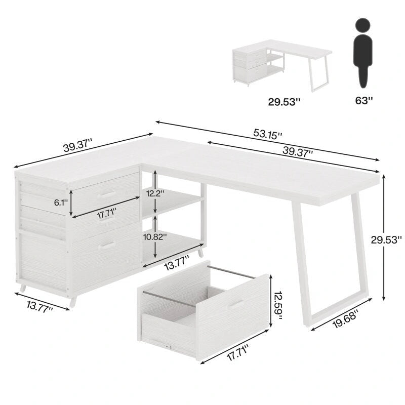 Bureau d'angle en L réversible avec tiroirs de classement – Marron / Gris, 3 tiroirs, 1 personne