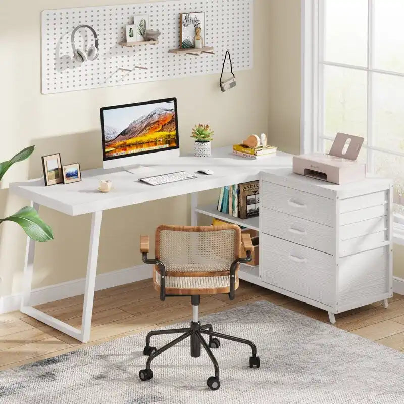 Bureau d'angle en L réversible avec tiroirs de classement – Marron / Gris, 3 tiroirs, 1 personne