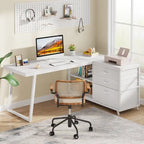 Bureau d'angle en L réversible avec tiroirs de classement – Marron / Gris, 3 tiroirs, 1 personne
