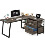 Bureau d'angle en L réversible avec tiroirs de classement – Marron / Gris, 3 tiroirs, 1 personne