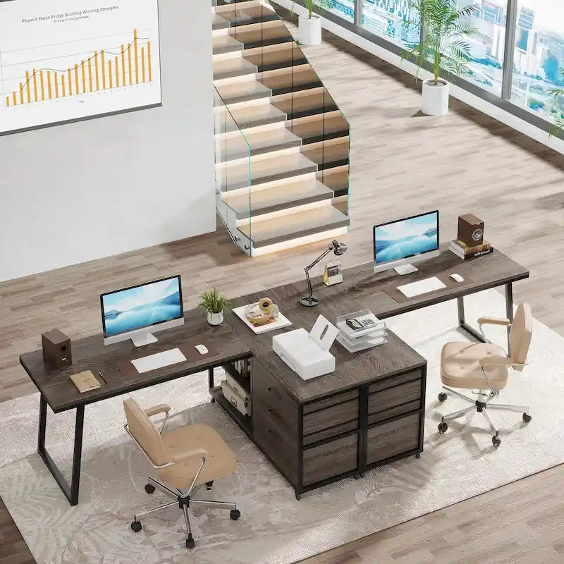 Bureau d'angle en L réversible avec tiroirs de classement – Marron / Gris, 3 tiroirs, 1 personne