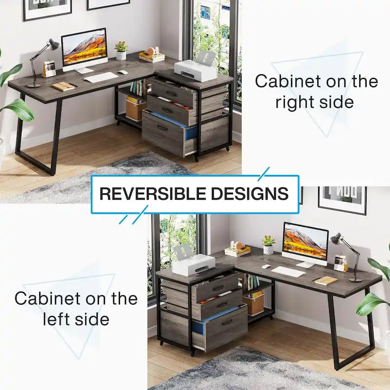 Bureau d'angle en L réversible avec tiroirs de classement – Marron / Gris, 3 tiroirs, 1 personne