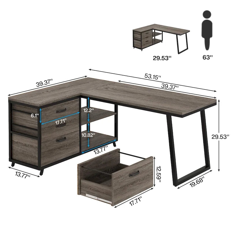 Bureau d'angle en L réversible avec tiroirs de classement – Marron / Gris, 3 tiroirs, 1 personne