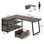 Bureau d'angle en L réversible avec tiroirs de classement – Marron / Gris, 3 tiroirs, 1 personne