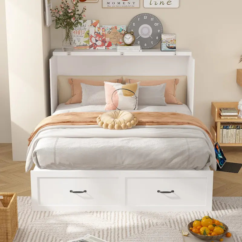 Lit armoire convertible avec 2 tiroirs – Blanc, Grand Lit, Couchage 2 personnes