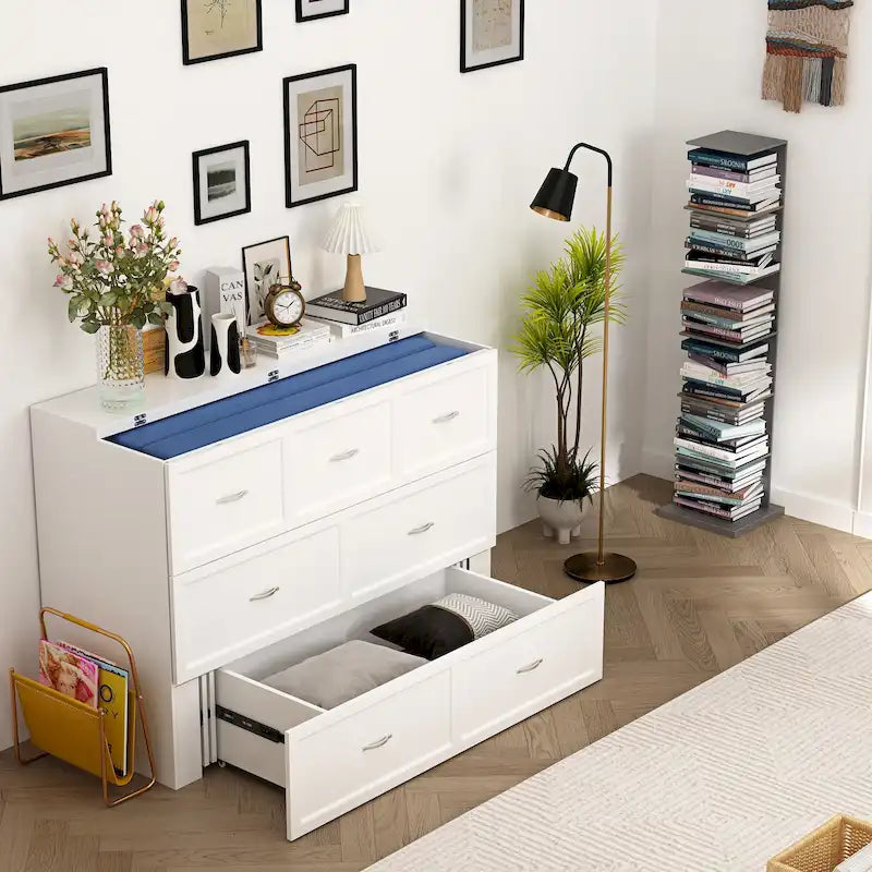 Lit armoire convertible avec 2 tiroirs – Blanc, Grand Lit, Couchage 2 personnes