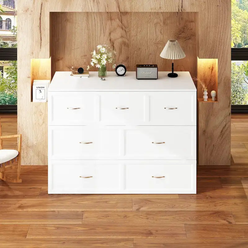 Lit armoire convertible avec 2 tiroirs – Blanc, Grand Lit, Couchage 2 personnes