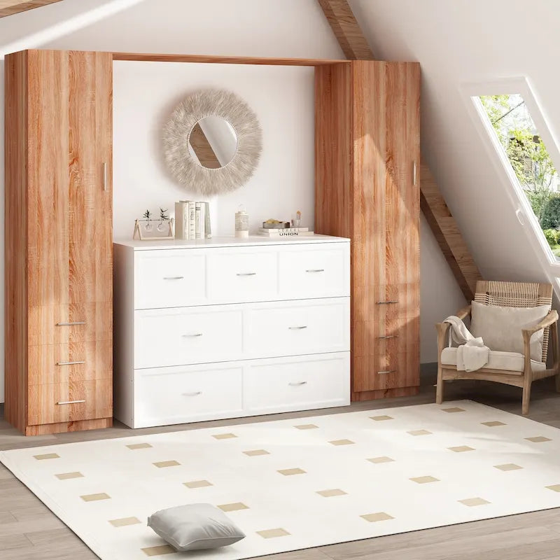 Lit armoire convertible avec 2 tiroirs – Blanc, Grand Lit, Couchage 2 personnes