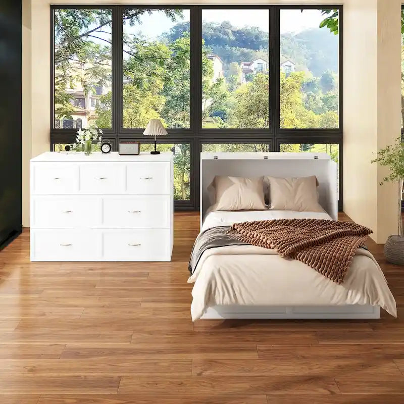Lit armoire convertible avec 2 tiroirs – Blanc, Grand Lit, Couchage 2 personnes