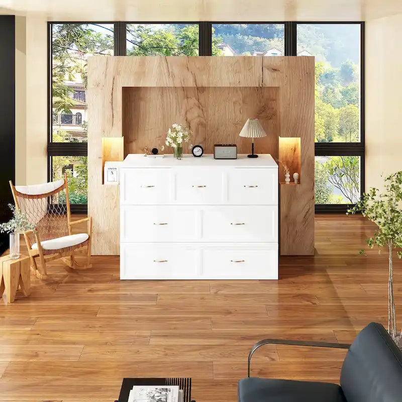 Lit armoire convertible avec 2 tiroirs – Blanc, Grand Lit, Couchage 2 personnes