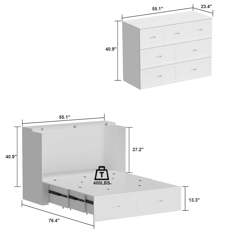 Lit armoire convertible avec 2 tiroirs – Blanc, Grand Lit, Couchage 2 personnes