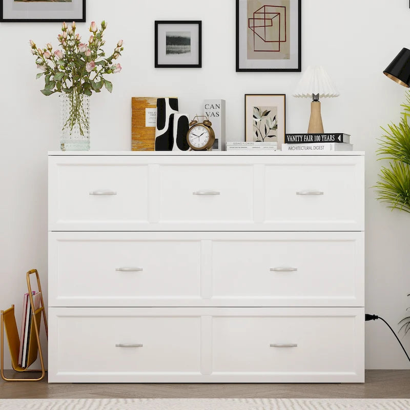 Lit armoire convertible avec 2 tiroirs – Blanc, Grand Lit, Couchage 2 personnes