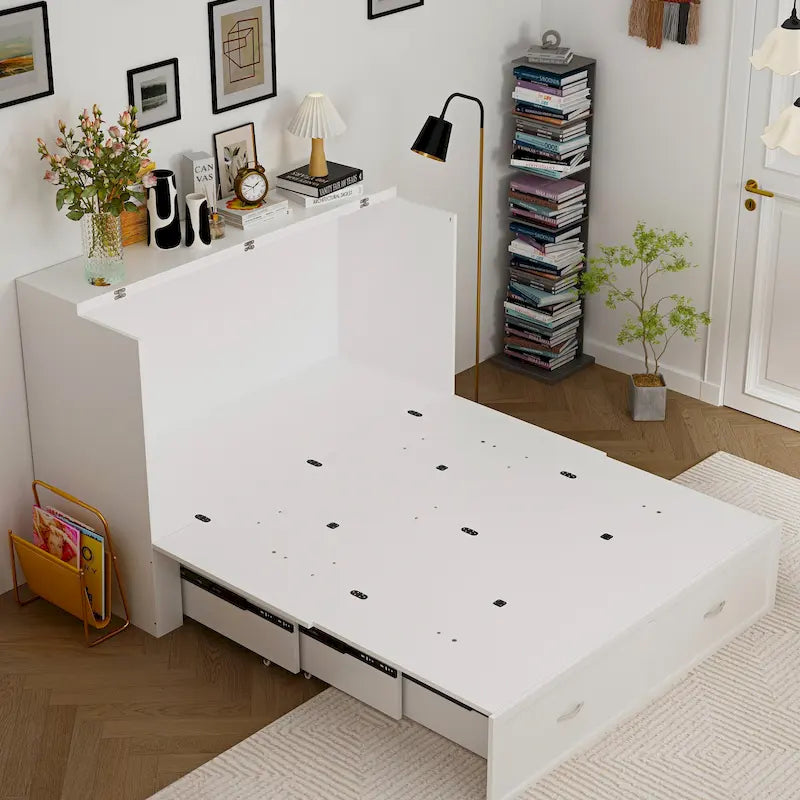 Lit armoire convertible avec 2 tiroirs – Blanc, Grand Lit, Couchage 2 personnes