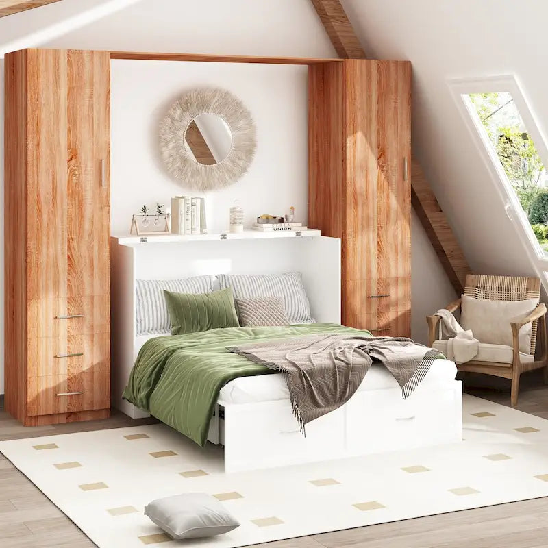 Lit armoire convertible avec 2 tiroirs – Blanc, Grand Lit, Couchage 2 personnes