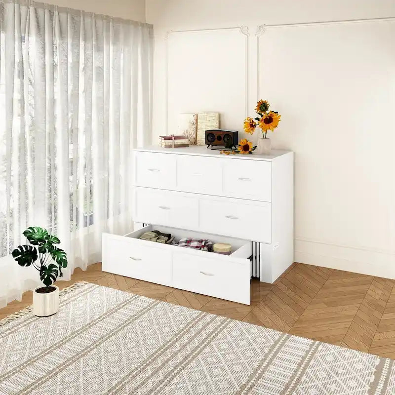 Lit armoire convertible avec 2 tiroirs – Blanc, Grand Lit, Couchage 2 personnes