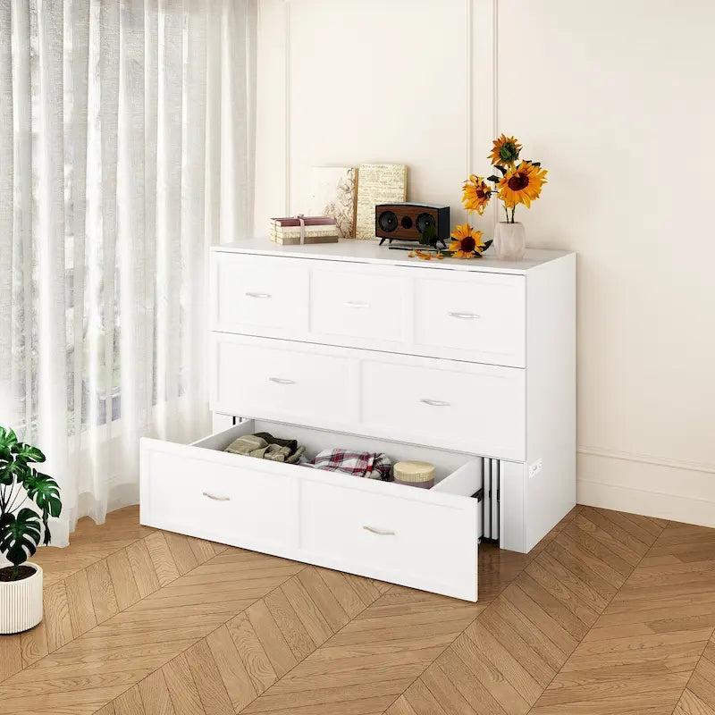 Lit armoire convertible avec 2 tiroirs – Blanc, Grand Lit, Couchage 2 personnes