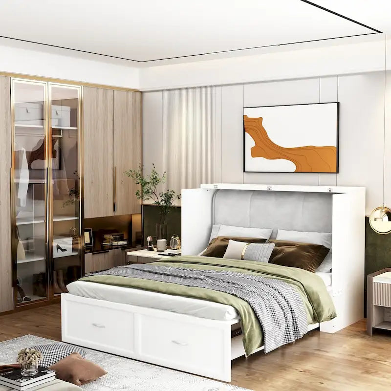 Lit armoire convertible avec 2 tiroirs – Blanc, Grand Lit, Couchage 2 personnes
